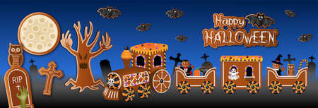 halloween banner with gingerbread train, candies and cookiesのイラスト素材