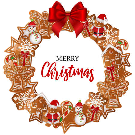 christmas frame with gingerbreads. gingerbread wreath with red bowのイラスト素材