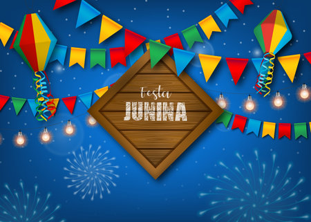 Festa Junina background with colorful pennants and balloons. Brazilian June festival poster.
