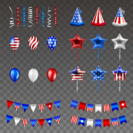 Set of american independence day party elements. 4th of july isolated streamers, hats, balloons and pennantsのイラスト素材