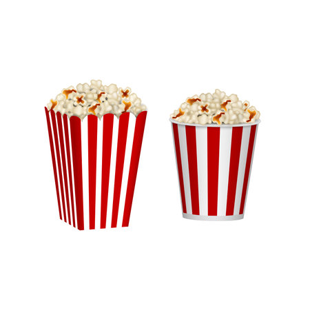 Isolated cardboard containers of popcorn. Red and white striped popcorn bucketsのイラスト素材