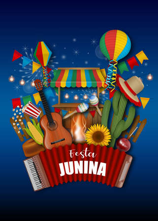 Festa junina poster. Brazilian june festival background with colorful pennants, lanterns and other elementsの写真素材