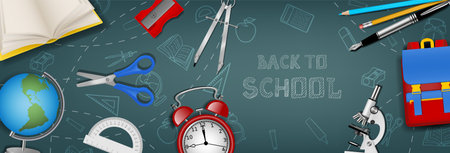 Back to school banner with realistic school supplies on chalkboard background