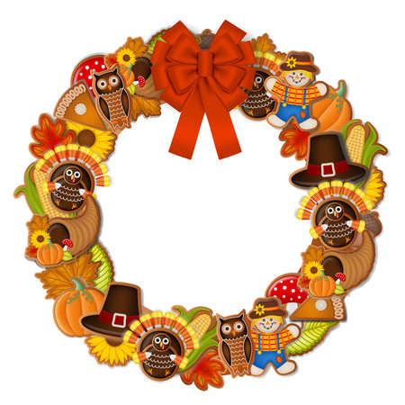 Thanksgiving wreath with gingerbread cookies and red bowのイラスト素材