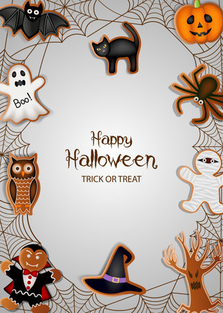 Halloween poster with gingerbread cookies and spiderwebのイラスト素材