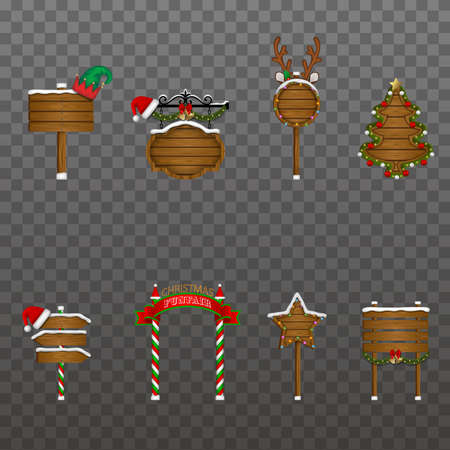 Set of christmas road signs and wooden signboards with decorations and lightsのイラスト素材