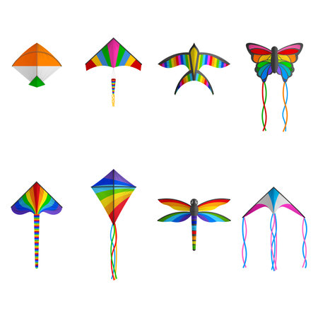 Set of isolated colorful kites of different types and shapes. Makar Sankranti festival elementsのイラスト素材
