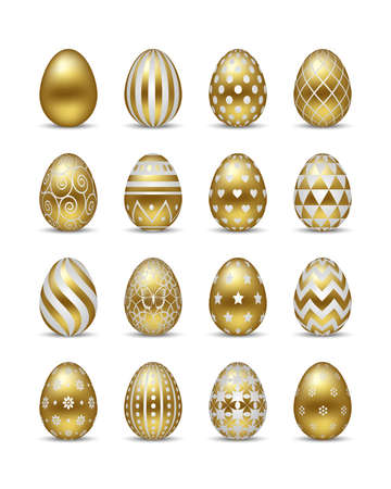 set of isolated gold easter eggs with white decorationsのイラスト素材
