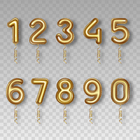 Set of isolated golden number balloons 0 to 9. realistic helium balloons illustration for party, wedding, birthday and holidaysのイラスト素材
