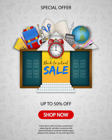 Back to school poster with chalkboard and realistic school suppliesのイラスト素材