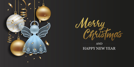 Christmas banner with christmas decorations, streamers and confetti. christmas greeting card with angel shaped decorationのイラスト素材