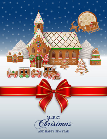 Christmas background with gingerbread landscape and red bow. christmas poster with gingerbread cookiesのイラスト素材