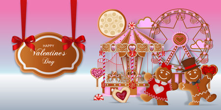valentine's day background with gingerbread cookies. gingerbread landscape with fun fair and loving coupleのイラスト素材