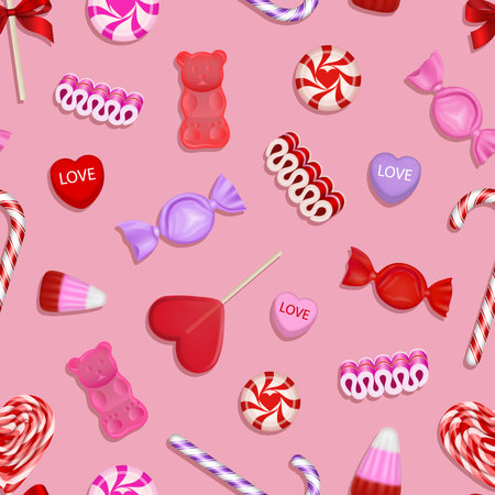 valentine's day seamless pattern with candies and lollipops. valentine pattern with sweetsのイラスト素材