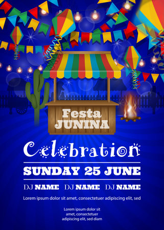 Festa Junina poster with colorful lanterns and pennants. Brazilian june festival background with wooden stallのイラスト素材