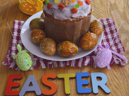 Easter cake and eggs, close up. Virus protection. Quarantine for Easter. The concept of the...