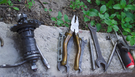 Tools and accessories set for cycling. Accessories for bicycles trips: universal screwdriver tool...