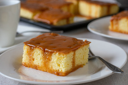 A piece of sponge cake with caramel topping on a plate