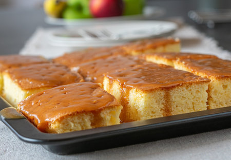 Sheet cake with caramel topping on a baking tray