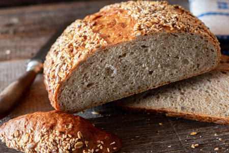 Sunflower seed bread from a German bakery on wooden table