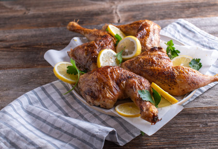 Roasted chicken legs on a plate with sliced lemon and parley. Fresh and hot served on rustic and wooden table with copy spaceの写真素材