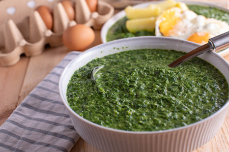 Fresh and homemade cooked spinach with cream served in a white bowl with ladle on kitchen table...
