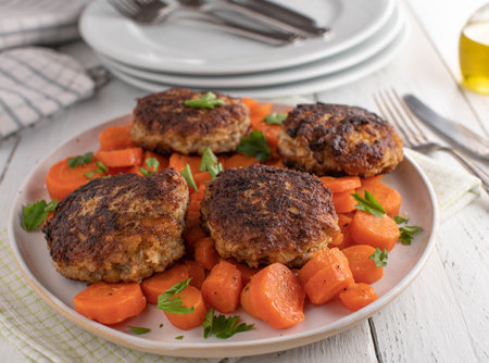 Pork meatballs with buttered carrots. Fresh and homemade cooked dinner or lunch family meal with pan...