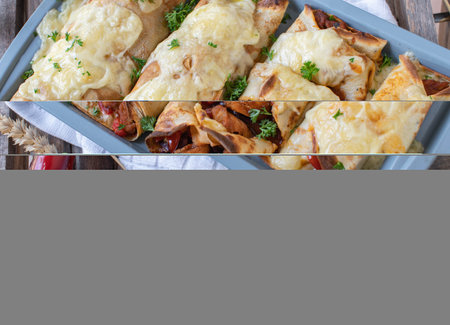Pancakes with spicy chicken, beans, vegetable filling and cheese topping. Tex mex style food