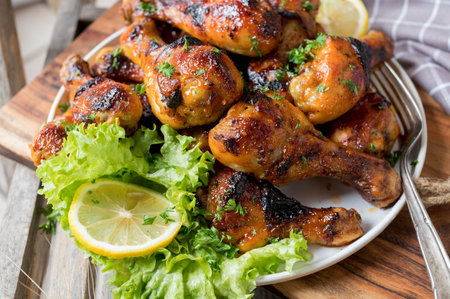 Heap with marinated and glazed chicken drumsticks on a plate with garnish isolated on wooden backgroundの写真素材