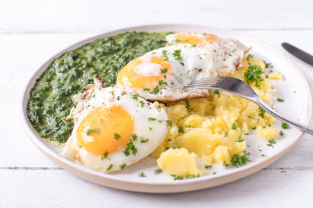 Creamed spinach with fried eggs, sunny side up and boiled potatoes on a plate isolated on white background. Closeup and front viewの写真素材