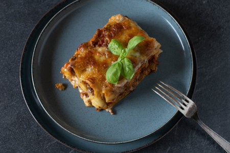 Piece of noodle casserole on a plate isolated on dark background from aboveの写真素材