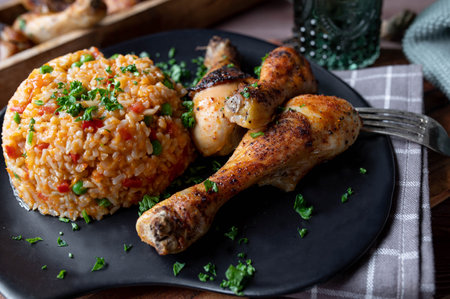 Chicken drumsticks with serbian djuvec rice on a plateの写真素材