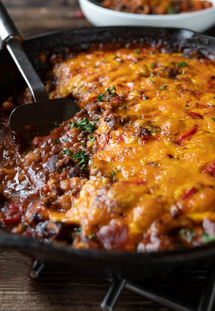 Bean stew alla chili con carne with cheddar cheese topping in a cast iron panの写真素材