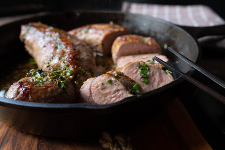 Pork fillet with melted herb butter in a cast iron panの写真素材
