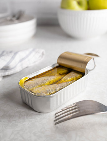 Canned sardines on kitchen counter