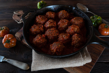 Meatballs with tomato sauce in a rustic cast iron pan on wooden table. Italian main courseの写真素材