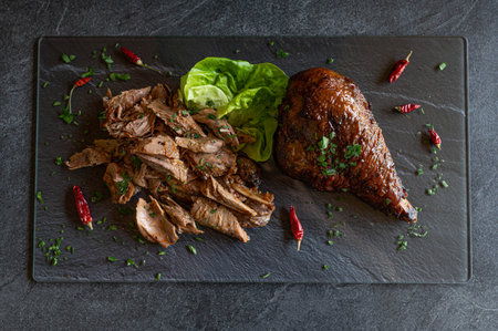 Barbecue smoked turkey leg on a cutting board on dark backgroundの写真素材