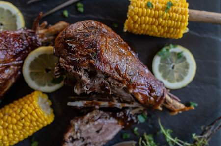 Roast turkey leg with corn on the cobの写真素材