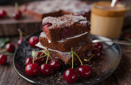 Chocolate cake with cherries on a black plate on wooden tableの写真素材