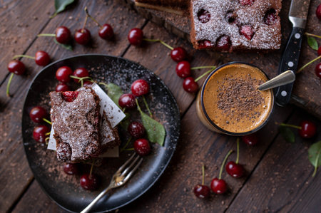 Dalgona coffee and cake on wooden backgroundの写真素材