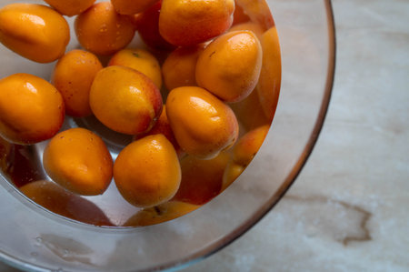 Fresh apricots are cleaned in a bowl of waterの写真素材