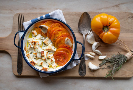 Oven baked feta cheese with olive oil, herbs and garden tomatoes. Zero waste mealの写真素材