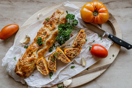 Puff pastry rolls with delicious Mediterranean minced meat filling