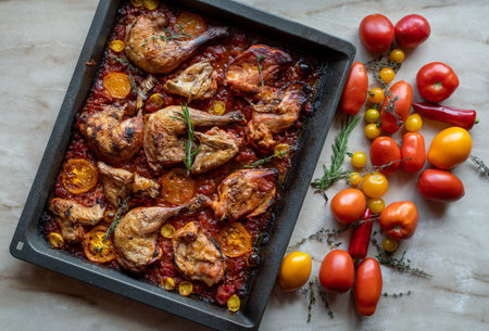 Roasted chicken legs with tomatoes and herbs in a baking dishの写真素材
