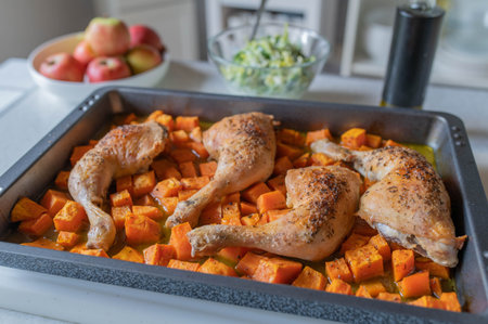 Roasted chicken legs with pumpkin in baking pan on white backgroundの写真素材
