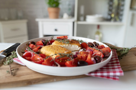 Fried feta cheese with tomatoes, olives and herbs on a plate in the kitchenの写真素材