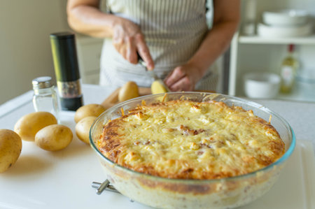 Woman cooking potato casserole in the kitchen, close up.の写真素材