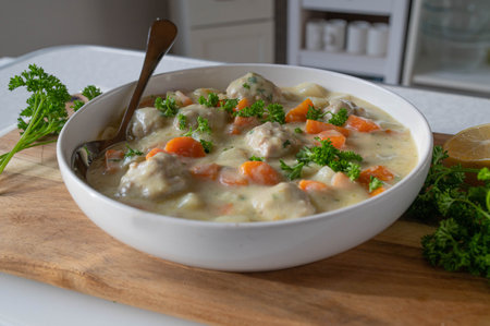 Homemade vegetable soup with meatballs, carrots and kohlrabi. Served on kitchen counterの写真素材