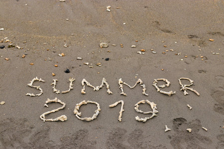 The inscription on the sand laid out of corals, Summer 2019 travel concept, With copy space for text