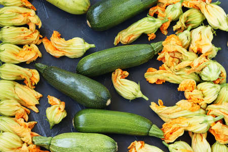 Vegetables and flowers of zucchini, located on a dark background in random orderの写真素材